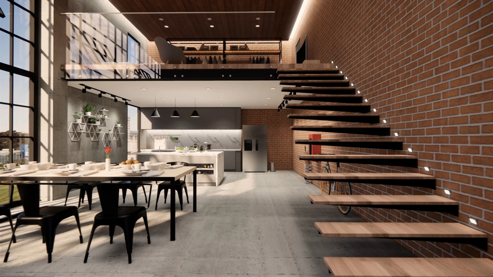 Modernes Loft-Interieur mit offener Metalltreppe aus Holzstufen an Ziegelwand