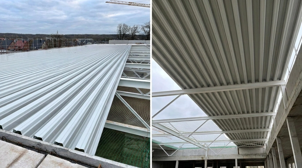 Trapezblech Dach auf Stahlträgerkonstruktion einer Produktionshalle im Rohbau