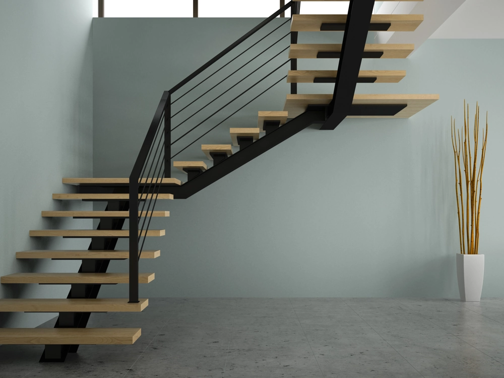 Moderne Metalltreppe mit schwebenden Holzstufen und schwarzem Treppengeländer in hellem Innenraum